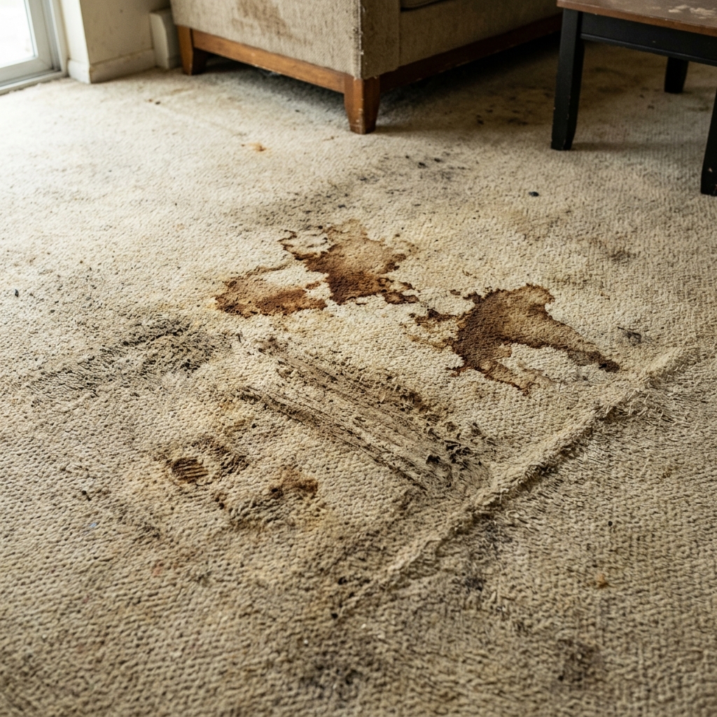 Dirty, stained carpet before professional cleaning